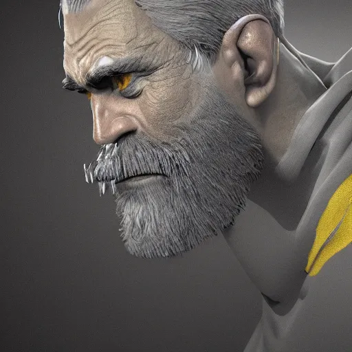 Prompt: a hyper detailed realistic 3d render of a angry old beared king, wearing a black shirt and yellow cape,8k resolution beautifully detailed,rendered by octane,subsurface scattering, black background, cinematic lighting, ray trace, post processing by Craig Mullins and Hiroshi Yoshida