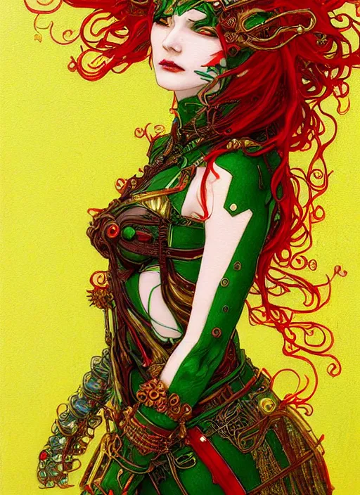 Prompt: a painting of a beautiful cyberpunk elven queen with long red hair, wearing green, red and gold ornate dress, golden intricate crown,. detailed symmetrical full body portrait, intricate complexity, concept art, by takato yamamoto, wlop, krenz cushart. cinematic dramatic atmosphere, sharp focus