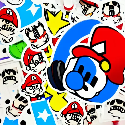 Image similar to svg sticker of a Pop-Wonder SuperMario, Mario-Wearing-a-red-hat, at a rave, spinning records, giant headphones rocking out, wearing headphones, huge speakers, dancing, rave, DJ, spinning records, digital art, amazing composition, rule-of-thirds, award-winning, trending on artstation, featured on deviantart