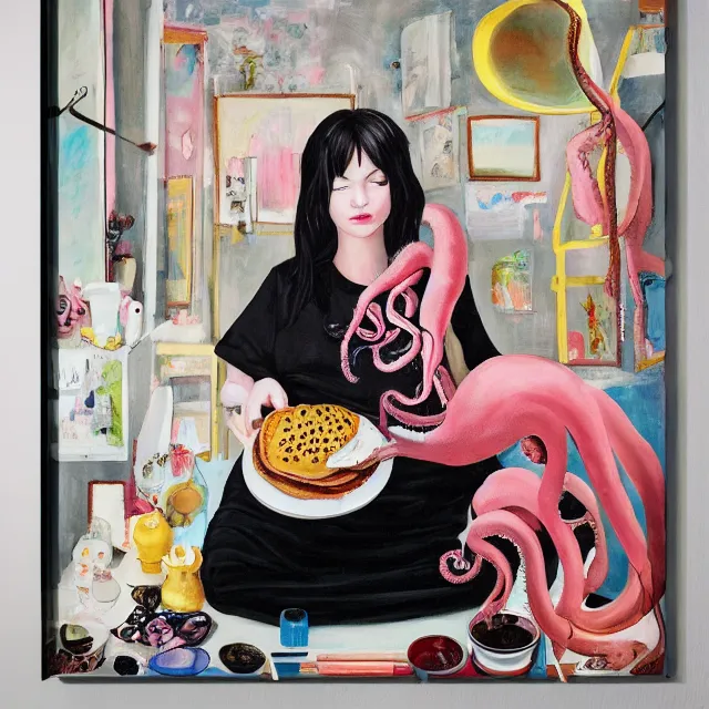 Image similar to a portrait in a female artist's bedroom, black walls, emo girl eating pancakes, sheet music, berries, surgical supplies, handmade pottery, flowers, sensual, octopus, neo - expressionism, surrealism, acrylic and spray paint and oilstick on canvas