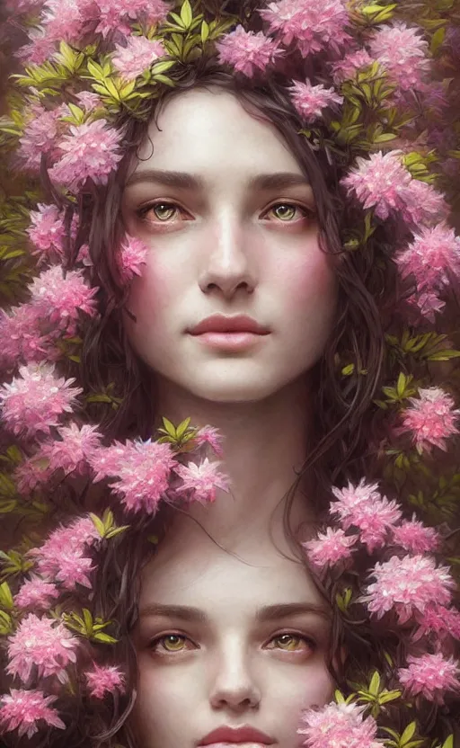 Image similar to portrait of a goddess of azaleas! covered in flowers!, half body, perfect face!!, d & d, fantasy, intricate, elegant, highly detailed, digital painting, artstation, concept art, smooth, sharp focus, illustration, art by artgerm and greg rutkowski and alphonse mucha