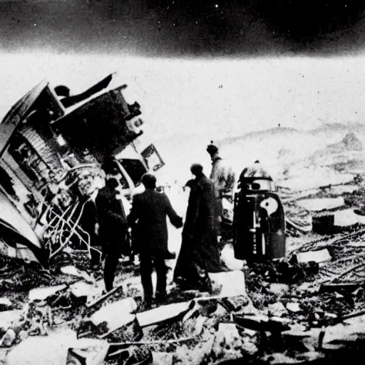 Image similar to old black and white photo, 1 9 1 3, depicting scientists around an alien starwarship wreck in the rocky mountains, historical record