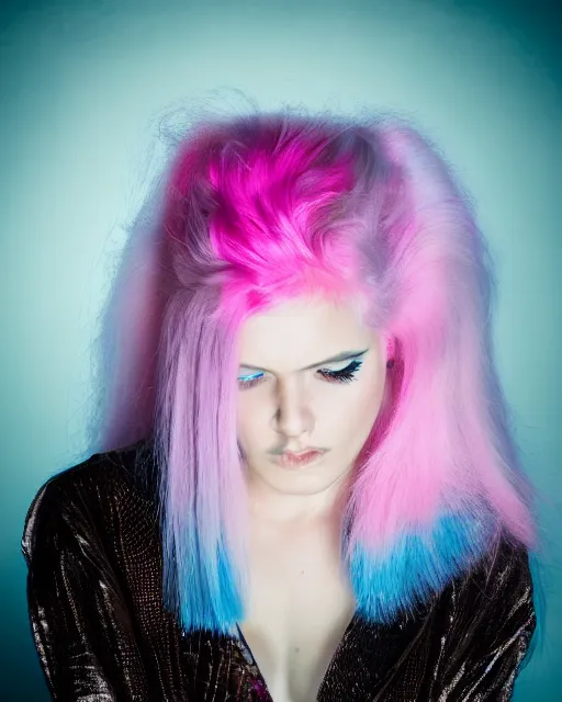 Image similar to a dramatic lighting photo of a beautiful young woman with cotton candy hair. blood splashes with a little bit of cyan and pink