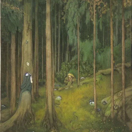 Prompt: A painting of swedish forest with its mystic trolls in the style of John Bauer.