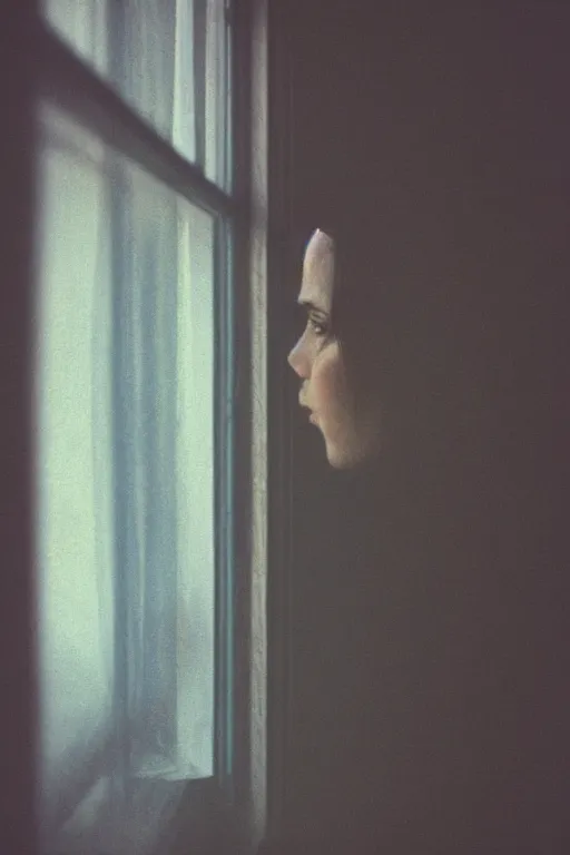 Image similar to kodak portra 4 0 0 photograph of a person looking out through their window, eyes, beautiful eyes, stunning eyes, close up, telephoto, faded effect, grain,