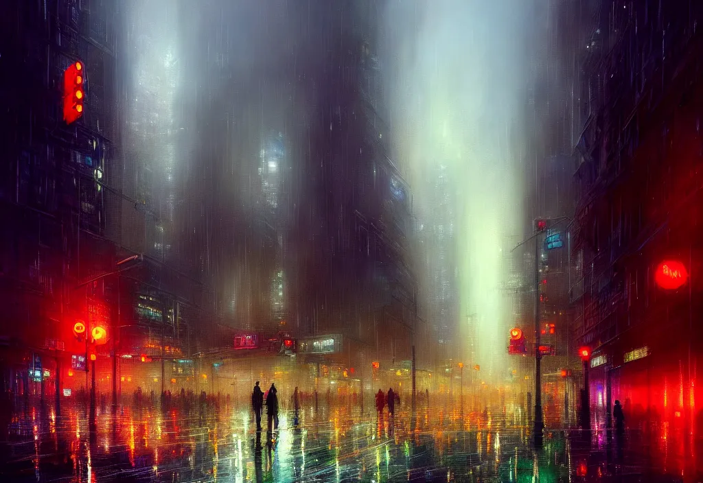 Image similar to top digital painting of rainy downtown toronto at night. intense colourful foggy atmosphere and intricate reflective complex tall buildings. thorough details, intricate, artstation, atmosphere, highly detailed, craig mullins, james jean, digital painting, deviantart, cinematic lighting, busy!!!