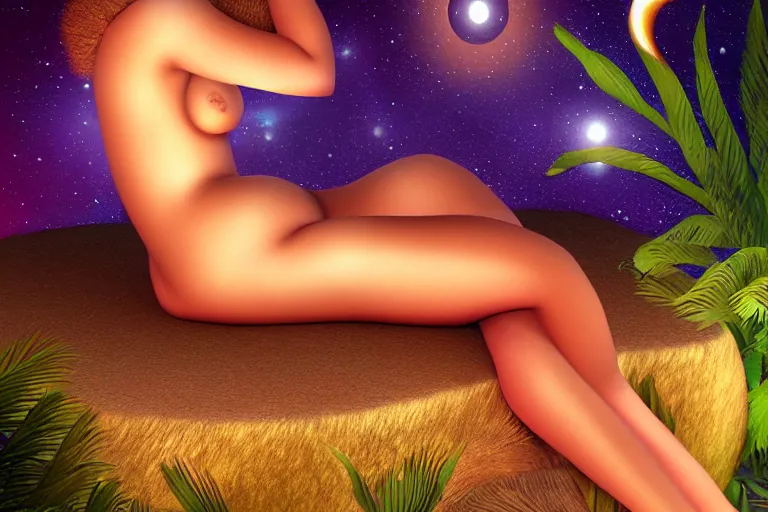 Image similar to polynesian sleeping sitting goddess, photo lemurian night, detailed soft digital fantasy art