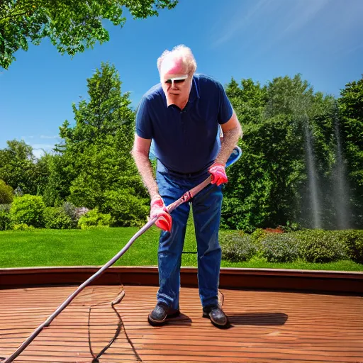 Prompt: john lithgow power washing his deck, ( sony a 7 r iv, symmetric balance, polarizing filter, photolab, lightroom, 4 k, dolby vision, photography awardm, voque, perfect face )