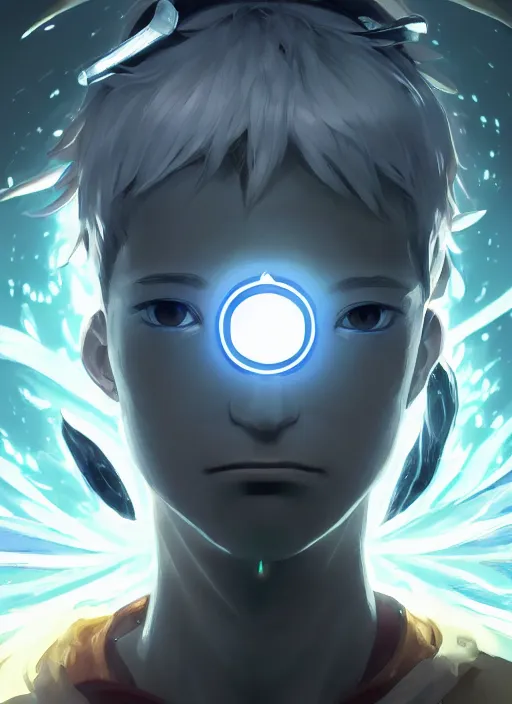 Image similar to a portrait of elemental light - kun with halo around his head, shiny, intricate, tone mapped, ambient lighting, highly detailed, digital painting, artstation, concept art, 4 k, god rays, stunning beautiful, glowing eyes, sharp focus, by makoto shinkai and akihiko yoshida and hidari and wlop