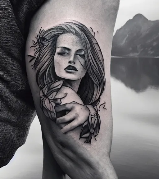 Image similar to tattoo design of beautiful woman against a background of beautiful mountains and nature, in the style of den yakovlev, black and white, hyper realistic, highly detailed