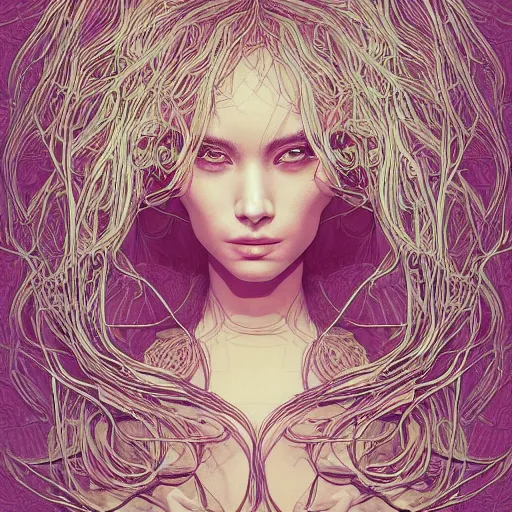 Image similar to a portrait of an incredibly beautiful woman made of potatoes roots and violets, an ultrafine detailed illustration by james jean, final fantasy, intricate linework, bright colors, behance contest winner, vanitas, angular, altermodern, unreal engine 5 highly rendered, global illumination, radiant light, detailed and intricate environment