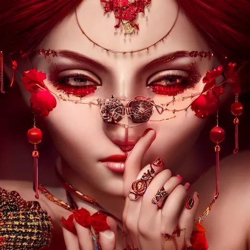 Prompt: wonderful princess with smooth fair skin, alluring eyes, red jewelry, breathtaking, elegant, intricate, hyper detailed, accent lighting, 4 k glamour photography, octane render