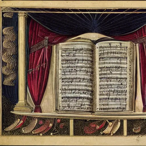 Image similar to music score drawn by botticelli, opera, symphony, musical notes, musical score, detailed