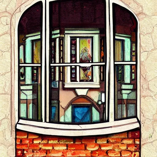 Image similar to a painting beautiful window open front view, ornate, oil on canvas, art deco, digital illustration, colorful architectural drawing, watercolor painting, behance contest winner, vintage frame window