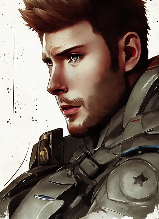 Prompt: an anime portrait of jensen ackles as soldier boys staring at chris evans from skyrim, by stanley artgerm lau, wlop, rossdraws, james jean, andrei riabovitchev, marc simonetti, and sakimichan, trending on artstation