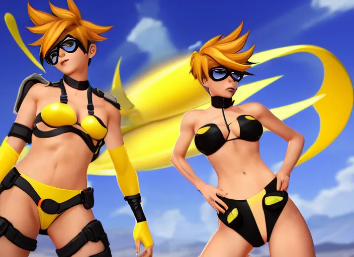 Image similar to tracer game character, in yellow bikini thong yellow, blonde hair, black eyes, full height