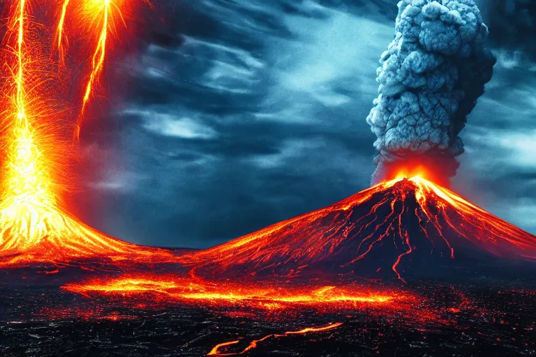 Image similar to photo of the apocalypse, end of humanity and all life, volcanoes erupting, meteors crashing, nuclear explosions, dread and despair, highly detailed, 8k, high octane, dark colors