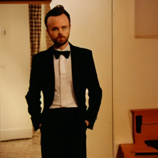 Image similar to color 35mm film still of young skinny Aaron Paul dressing elegantly, figure portrait