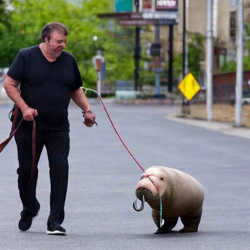 Image similar to Man walking his pet walrus with a leash down the street, realistic, detailed, 8k, hd