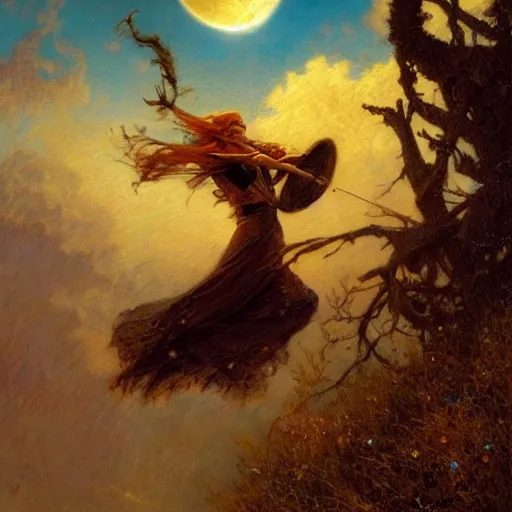 Image similar to witch flying, trough the night, fantasy, full moon in background. highly detailed painting by gaston bussiere, craig mullins, j. c. leyendecker 8 k