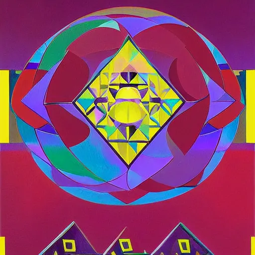 Prompt: A beautiful painting of a Earthbound 2 of geometric shapes in various colors. heliotrope, iridescent, 1940s by Martin Ansin, by Ronald Balfour, by Tim Doyle