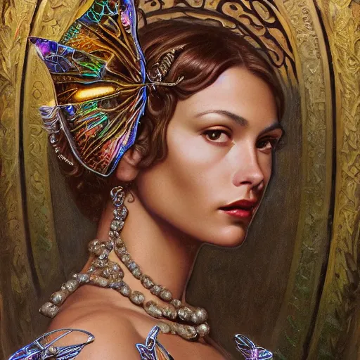 Prompt: masterpiece neoclassicist closeup renaissance portrait of sofia vergara an art deco fairy queen, glowing eyes. reflective detailed textures, iridescent moth wings, highly detailed fantasy science fiction painting by moebius and norman rockwell and donato giancola and jean delville, elaborate geometric ornament, ancient runes, silver and cool colors. artstation