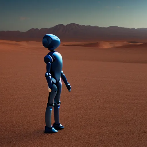 Prompt: an humanoid robot wandering in a desert, Canon eos M50, 200mm, photorealistic, trending on Artstation