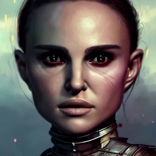 Image similar to natalie portman portrait, dystopia core, apocalyptic, armor, warrior, dramatic, sharp focus, fiction, neon, fantasy, hyper detailed, digital art, trending in artstation, cinematic lighting, studio quality, smooth render, unreal engine 5 rendered, octane rendered, art style and nixeu and wlop and krenz cushart