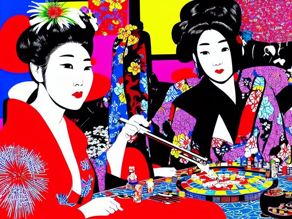 Image similar to hyperrealistic composition of the detailed woman in a japanese kimono sitting at a poker table with detailed darth vader, fireworks, beautiful mountain in the background, pop - art style, jacky tsai style, andy warhol style, acrylic on canvas