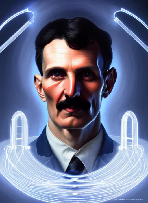 Image similar to symmetry!! portrait of nikola tesla male, chemisty, sci - fi, glowing lights!! intricate, elegant, highly detailed, digital painting, artstation, concept art, smooth, sharp focus, illustration, art by artgerm and greg rutkowski and alphonse mucha, 8 k