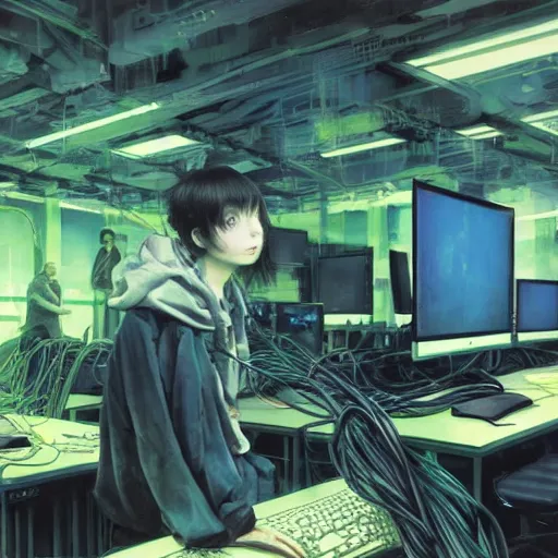 Image similar to portrait of lain iwakura, background room full of cables and computers, bright displays, blue and green tones by yoshitoshi abe, ruan jia and joao ruas, atmospheric