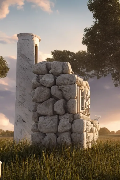 Image similar to a detailed render of an isolated lonely marble pipe organ, in the middle of a field, supported by a lone stone column, trending on artstation, render, 3 d, octane, 4 k, 8 k, unreal engine, cinema 4 d