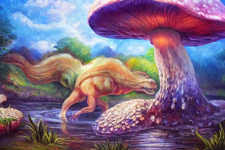 Prompt: highly detailed oil painting of a mushroom tyrannosaurus rex in a steaming colorful hotspring, featured on artstation