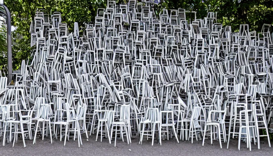 Image similar to many ten meters high piles of chairs along the walls of the street, hyperrealistic shaded