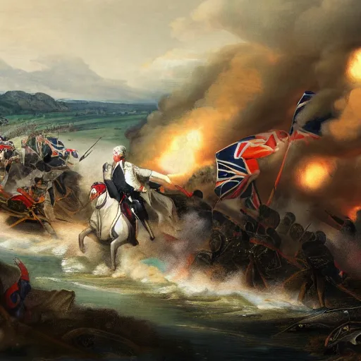 Prompt: George Washington driving a Dodge Challenger into battle towards the British soldiers in the revolutionary war, epic, concept Art, detailed, 4K
