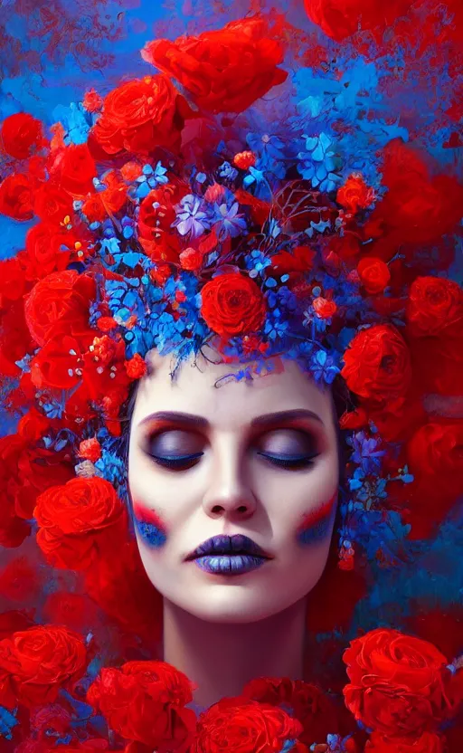 Image similar to a red oil painting hyperrealism of a beautiful woman, flowers, dia de los muertos makeup, floral headdress, 8 k resolution, octane render, trending on artstation, by gediminas pranckevicius, volumetric light 2 blue fractal thunder glow by dan mumford, anaglyph effect, laurie lipton