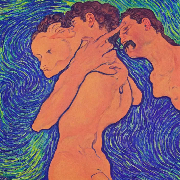 Image similar to close view of woman and man kissing. tsunami great wave, night with stars. iridescent, vivid psychedelic colors. painting by munch, rene magritte, felix vallotton, agnes pelton, egon schiele, henri de toulouse - lautrec, utamaro, monet