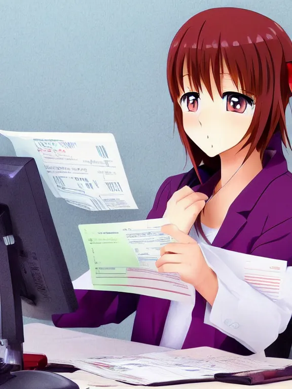 Prompt: Anime girl filing her taxes, trending on DeviantArt, face enhance, full of colour,