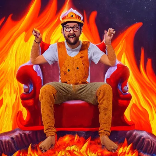 Image similar to close-up of Blippi sitting on a golden throne in a fiery hellish cave, oil painting, 8k, highly detailed, highly intricate,