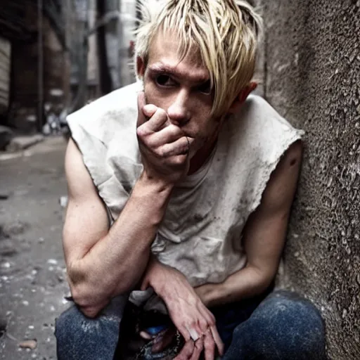 Prompt: The final photo taken of a man, blonde hair, tattered suit, relapsed into meth and crack, sitting in an alleyway, grungy, dirty, tired eyes