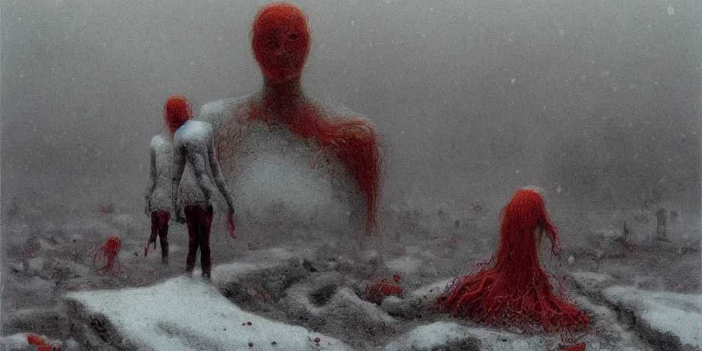 Image similar to a surrealist painting of a lonely woman with white skin and red hair standing over pile of bodies in post apocalyptic snowy landscape, painted by beksinski