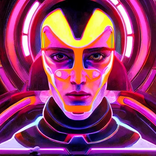 Image similar to symmetry!! a sci-fi portrait, oil painting, colourful!! illustration of Clu from Tron, colourful, by Justin Sweet and Greg Rutkowski and Alphones Much