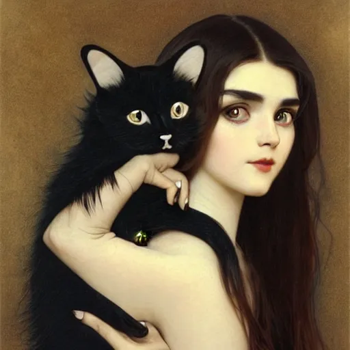 Prompt: baby - face goth girl with long dark hair parted sideways thick eyebrows and dark eyes, she is holding a cat in her arms, by juan villafuerte, greg rutkowski and alphonse mucha, pexels contest winner, high quality photo, rtx, hd