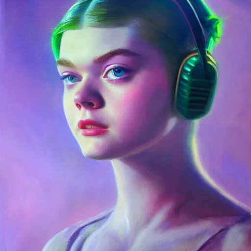 Prompt: ultra realistic portrait painting of elle fanning as a hacker, green glow, art by frank frazetta, 4 k, ultra realistic, highly detailed, epic lighting