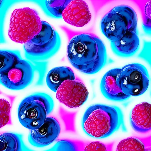 Image similar to raspberry, blueberry, vanilla smoothie explosion, intricate complexity, inverted neon rainbow drip paint, trending on art station, photoreal, 8 k, octane render