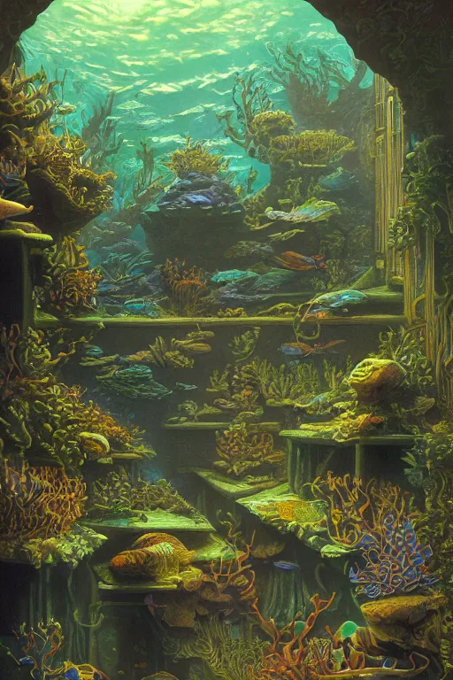 Prompt: photo of an aquarium wall behind your ornate desk by, tim hildebrandt, by wayne barlowe, trending on artstation, cinematic composition, simple detail. greenish lighting,