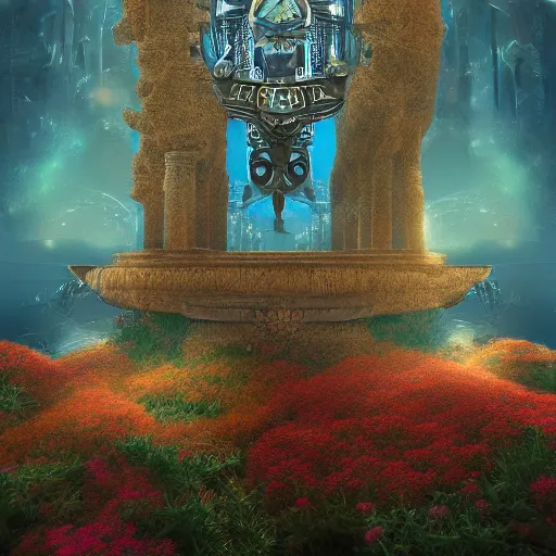 Image similar to beautiful symmetrical scateboarder jumps over the pond! silence again, surrounded by machine axonometric fantasy intricate elegant highly detailed in volumetric void of latent space lush flowers surround, realm of the gods golden turquoise steampunk, high contrast cinematic light, mystical shadows, octane render, photographic, concept art, art high renaissance art, unreal engine 8 k