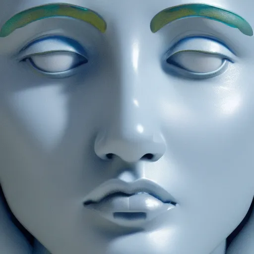 Image similar to a statue of a gorgeous woman made from blue marble with white and gold veins, by michelangelo, close up, face only, portrait, bright lights, bright render, octane render, corona render