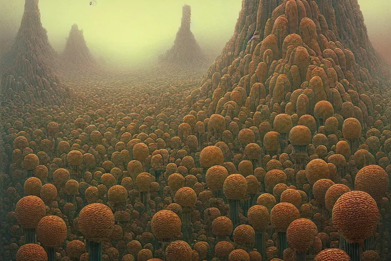 Image similar to a surreal and awe - inspiring science fiction landscape, alien plants and animals, intricate, elegant, highly detailed matte painting by beksinski and simon stalenhag