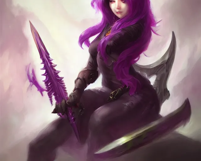 Image similar to purple hair demon hunter sharpening glaive sitting down, artstation; by astri lohne, kanliu666, chengwei pan, mingchen Shen, feng wei, crow god